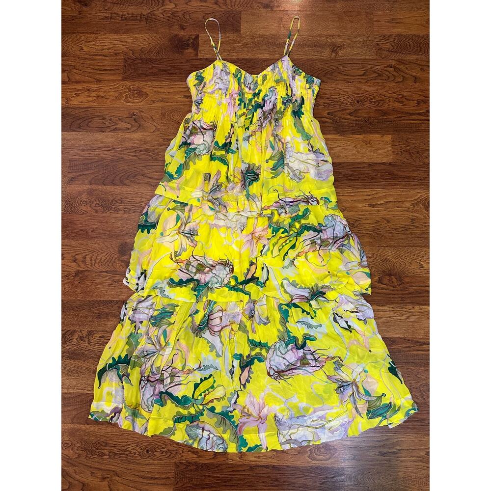 Farm Rio Jellyfish Floral Bouquet Ruffled Tiered Dress Yellow Women's Large